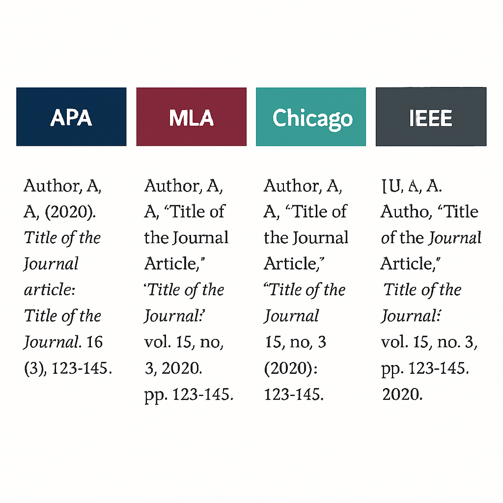 Side-by-side comparison of APA, MLA, Chicago, and IEEE citation formats